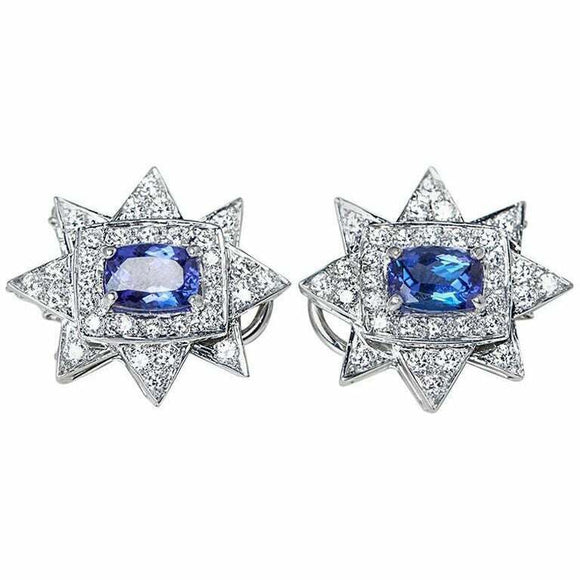 2ct Cushion Cut Blue Sapphire Halo Star Stud Earrings Women 14k WhiteGold Finish