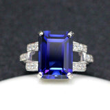 3ct Emerald Cut Blue Sapphire Open Split Band Solitaire Ring 14k White Gold Over