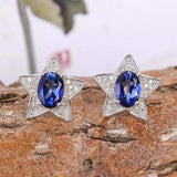 2ct Stud Earrings Oval Cut Blue Sapphire Star Cluster 14k White Gold Finish