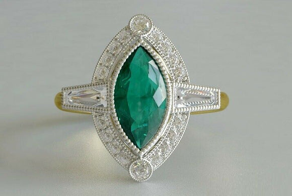 3ct Marquise Cut Green Emerald Engagement Ring Art Deco 14k Yellow Gold Finish