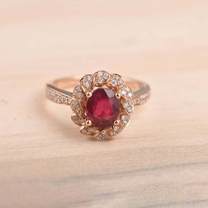 2ct Oval Cut Pink Ruby Engagement Ring Halo Floral Solitaire 14k RoseGold Finish