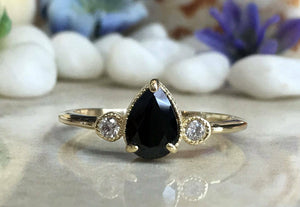 1.3ct Engagement Ring Pear Cut Black Diamond Trilogy Design 14k Yellow Gold Over