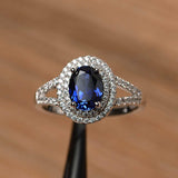 4Ct Oval Cut Blue Sapphire Split Band Halo Engagement Ring 14K White Gold Finish