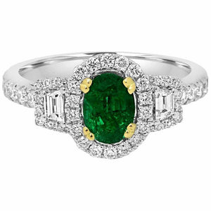 2.5ct Oval Cut Green Emerald Engagement Ring Halo Trilogy 14k White Gold Finish