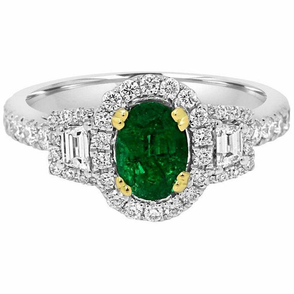 2.5ct Oval Cut Green Emerald Engagement Ring Halo Trilogy 14k White Gold Finish