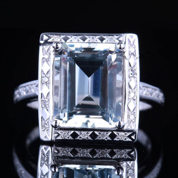 1.3ct Emerald Cut Blue Aquamarine Vintage Engagement Ring 14k White Gold Finish