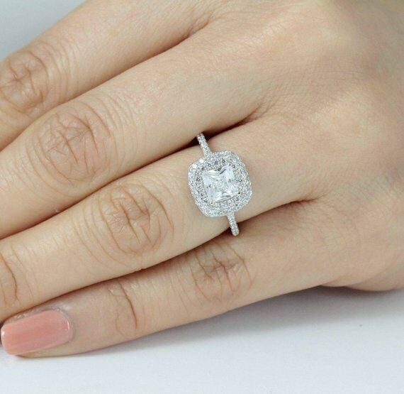 4Ct Cushion Cut VVS1/D Diamond Double Halo Engagement Ring 14K White Gold Finish