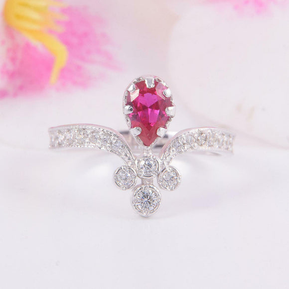 2.5ct Pear Cut Pink Ruby Engagement Ring Crown Curved 14k White Gold Finish