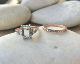 2.7ct Emerald Cut Blue Aquamarine Engagement Ring Bridal Set 14k RoseGold Finish