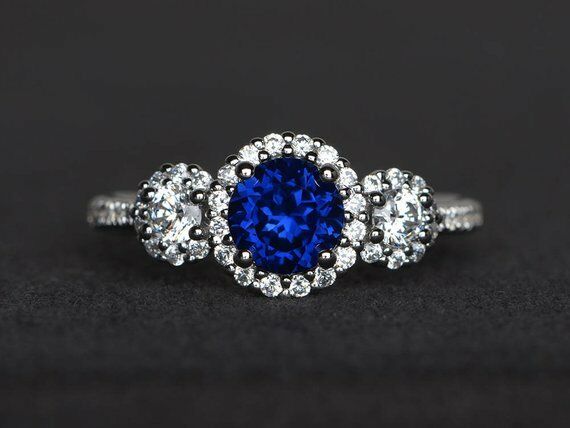 2ct Round Cut Blue Sapphire Engagement Ring 14k White Gold Finish Halo Trilogy