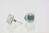 2ct Emerald Cut Blue Aquamarine Diamond Halo Stud Earrings 14k White Gold Finish