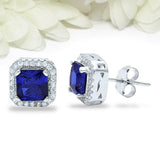 1ct Princess Cut Blue Sapphire Halo Diamond Stud Earrings 14k White Gold Finish