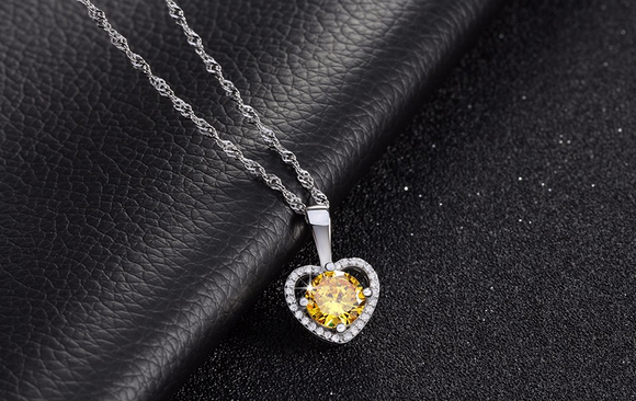 1.2ct Round Cut Yellow Citrine Pendant Heart Shape 14k WhiteGold Finish NO CHAIN