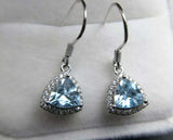 1.6ct Drop Earrings Trillion Cut Blue Topaz Halo Fish Hook 14k White Gold Finish