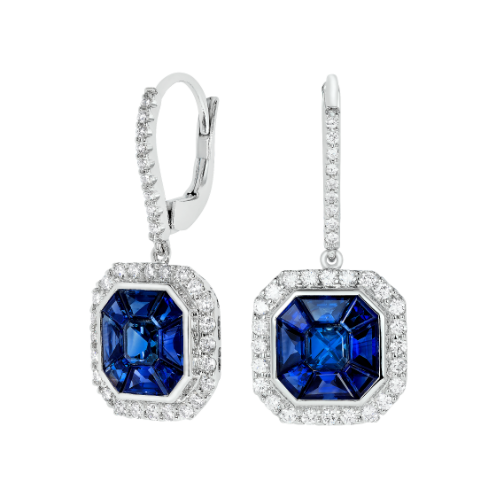 6Ct Asscher Cut Blue Sapphire Diamond Party Drop Earrings 14K White Gold Finish