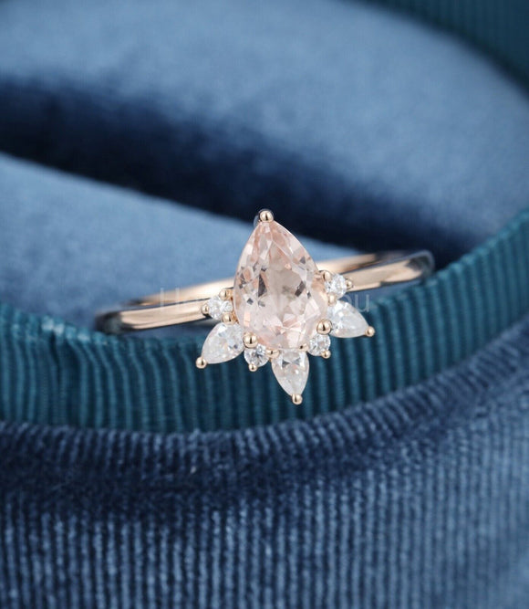 1ct Pear Cut Simulated Peach Morganite Crown Engagement Ring 14k RoseGold Plated