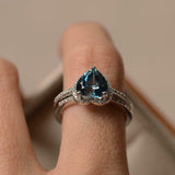 2ct Engagement Ring Heart Cut London Blue Topaz Bridal Set 14k White Gold Finish