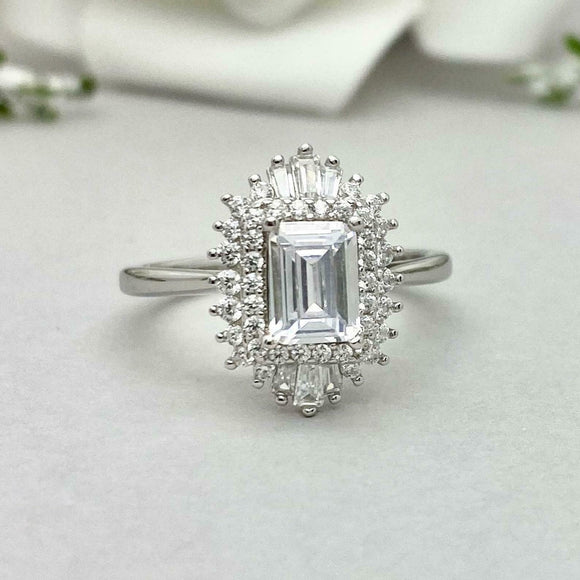 2ct Engagement Ring Emerald Cut Diamond Ballerina Sunburst 14k White Gold Finish