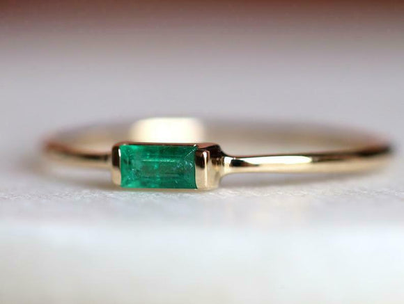 0.3ct Engagement Ring Baguette Cut Green Emerald Solitaire 14k Yellow Gold Over