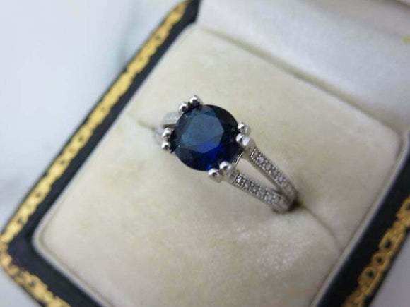 1.7ct Round Cut Blue Sapphire Engagement Ring Split Shank 14k White Gold Finish