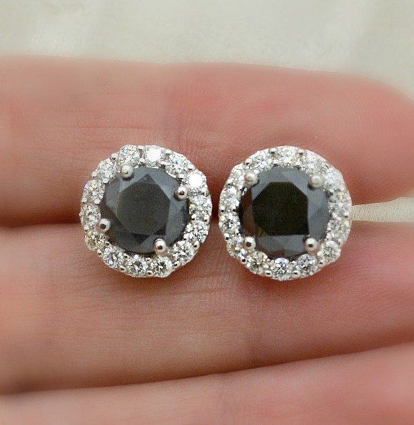 2ct Round Cut Black Diamond Halo Unique Women Stud Earring 14k White Gold Finish