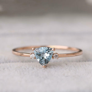 1ct Trillion Cut Blue Aquamarine Engagement Ring Three Stone 14k RoseGold Finish