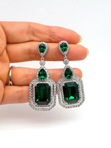 5ct Green Emerald Diamond Cocktail Gatsby Drop Earrings 14k White Gold Finish