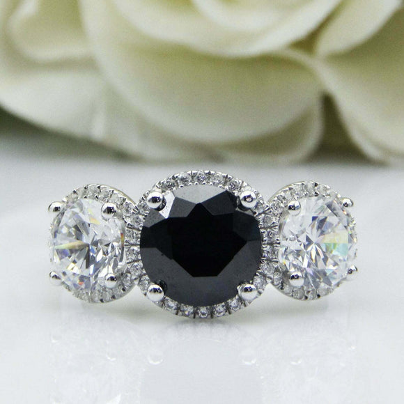 4ct Round Black Diamond Engagement Ring Halo Trilogy Vintage 14k White Gold Over