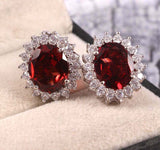 2.3ct Oval Cut Red Garnet Diamond Floral Halo Stud Earrings 14k WhiteGold Finish