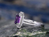 1ct Emerald Cut Amethyst Solitaire Halo Engagement Ring 14k White Gold Finish