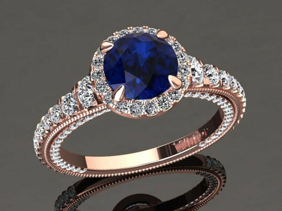 3ct Round Cut Blue Sapphire Milgrain Accent Diamond Halo Ring 14k Rose Gold Over