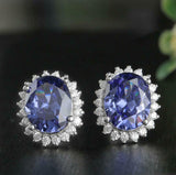 2.9ct Stud Earrings Oval Cut Blue Sapphire Floral Cocktail 14k White Gold Finish