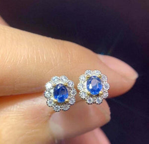 1.6ct Stud Earrings Oval Cut Blue Sapphire Diamond Floral 14k White Gold Finish