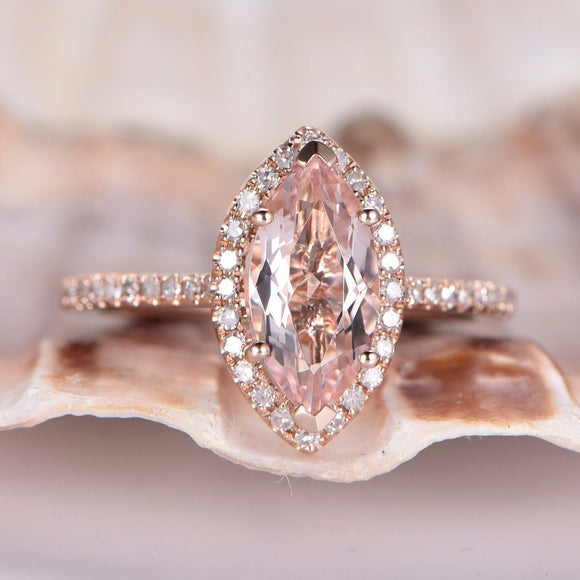 1.3ct Marquise Cut Peach Morganite Vintage Engagement Ring 14k Rose Gold Finish