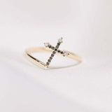 1ct Round Cut Black Diamond Christ Cross Minimalist Ring 14k Yellow Gold Finish