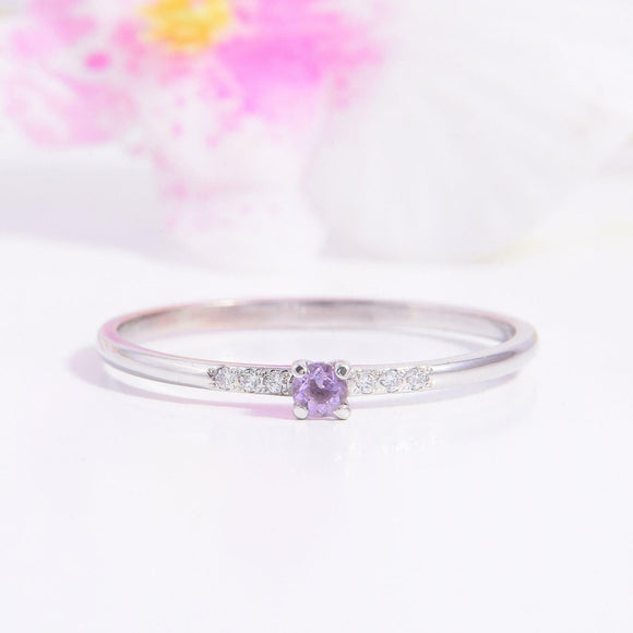 0.6ct Round Cut Purple Amethyst Engagement Ring Minimalist 14k White Gold Finish