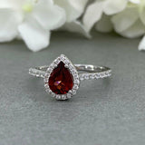 2ct Pear Cut Red Garnet Accents Solitaire Engagement Ring 14k White Gold Finish