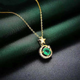 2ct Green Emerald Pendant with Chain Oval Cut Crescent Star 14k Yellow Gold Over