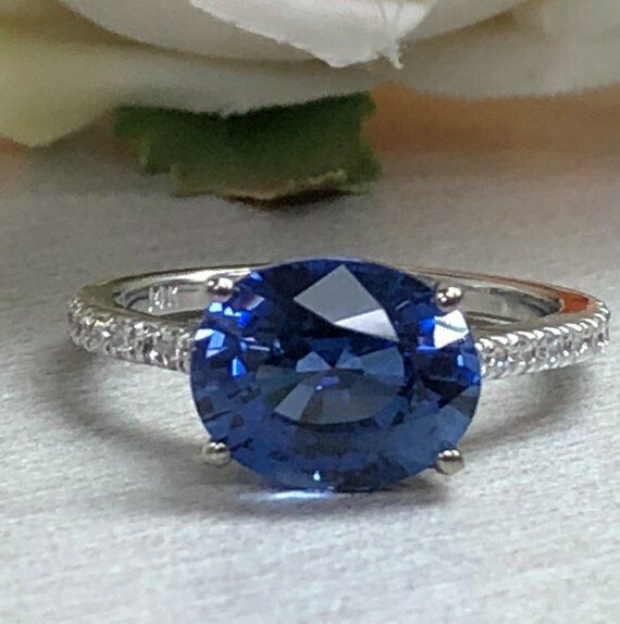 1.3ct Oval Cut Sapphire Accent Solitaire Engagement Ring 14k White Gold Finish