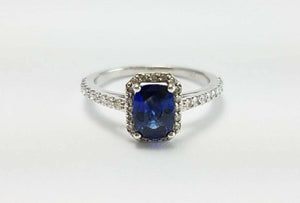 2.1ct Cushion Cut Blue Sapphire Halo Engagement Ring 18k White Gold Finish