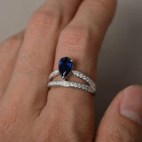 1.5ct Pear Cut Blue Sapphire Crown Design Engagement Ring 18k White Gold Finish