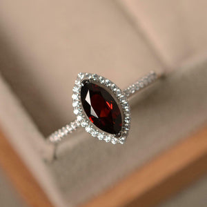 1.5ct Marquise Cut Red Garnet Engagement Ring Diamond Halo 14k White Gold Finish