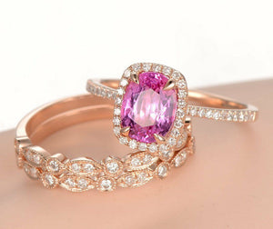 3ct Oval Cut Pink Sapphire Milgrain Trio Set Engagement Ring 14k RoseGold Finish