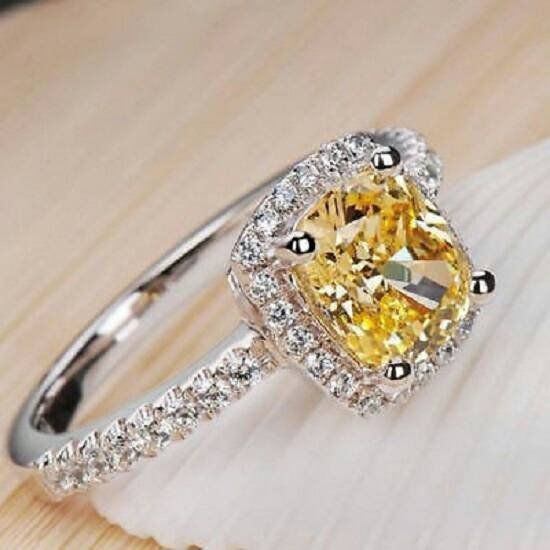 2.1ct Cushion Cut Yellow Sapphire Halo Engagement Ring 14k White Gold Finish