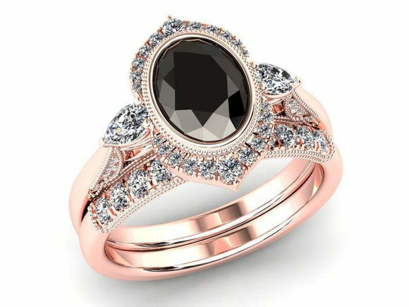 3ct Oval Cut Black Diamond Floral Halo Mirror Bridal Set Ring 14k Rose Gold Over