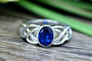 2ct Oval Cut Blue Sapphire Engagement Ring Celtic Double Knot 14k WhiteGold Over