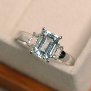 2ct Emerald Cut Blue Aquamarine Baguette Accent Trilogy Ring 14k White Gold Over