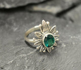 1ct Engagement Ring Oval Cut Green Emerald Leaf Floral 14k White Gold Finish