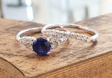 2.2ct Round Cut Blue Sapphire Engagement Ring Bridal Set Band 14k WhiteGold Over