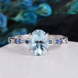 2ct Oval Cut Blue Aquamarine Engagement Ring Sapphire Accents 14k WhiteGold Over